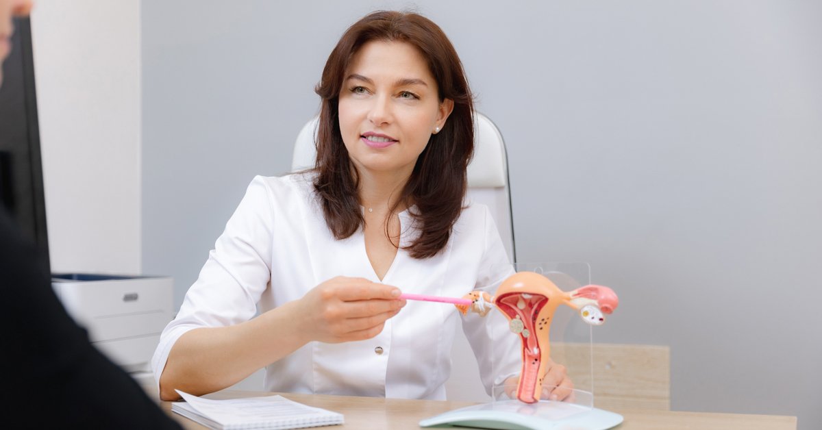 female pointing at a uterus model talking to a patient